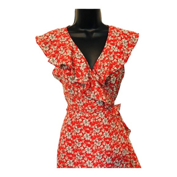 Max Studio Orange floral‎ ruffle bishop collar full wrap maxi dress size Small - Picture 3 of 13